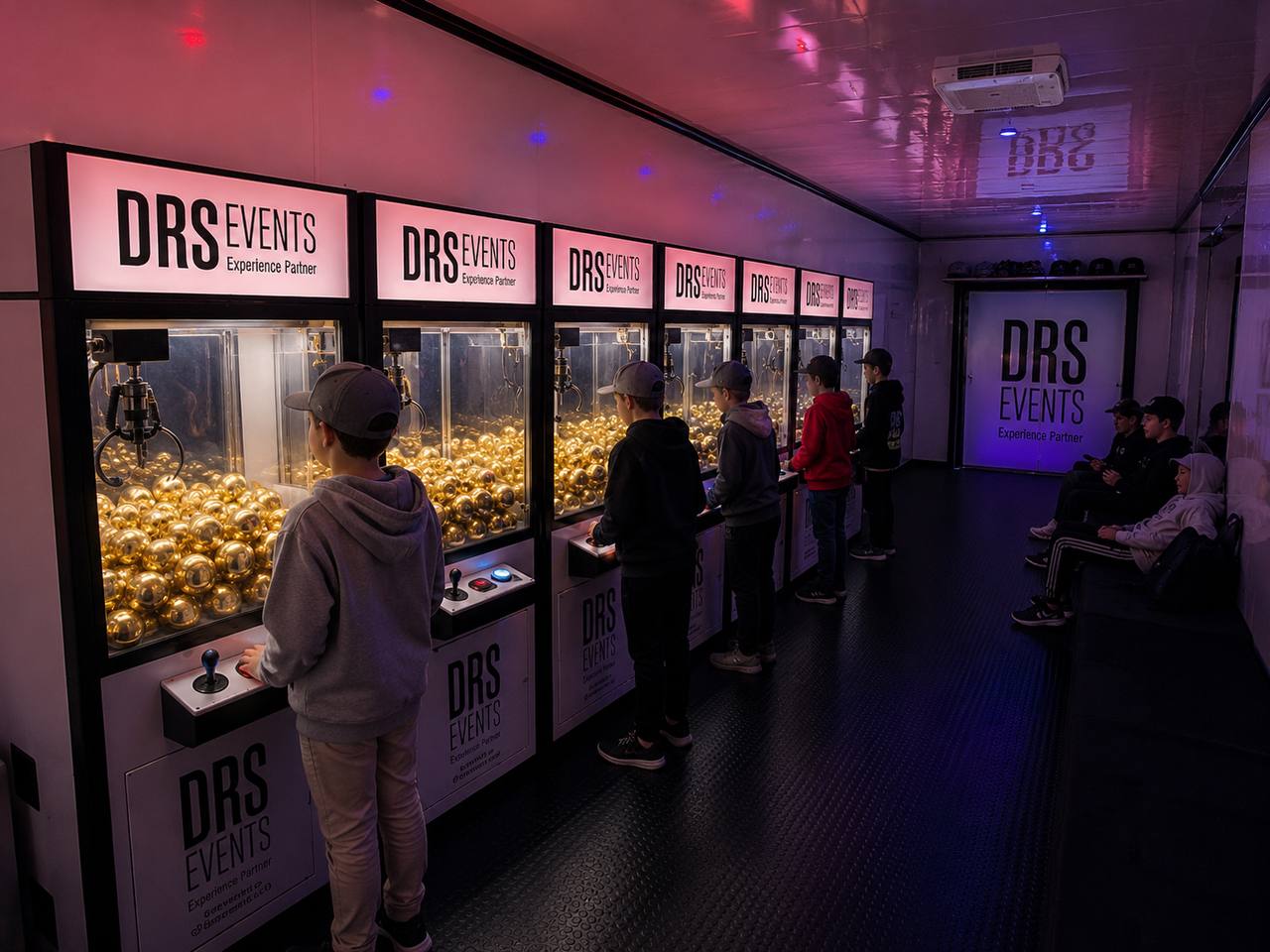 DRS Events Drop Zone trailer interior with multiple prize game units
